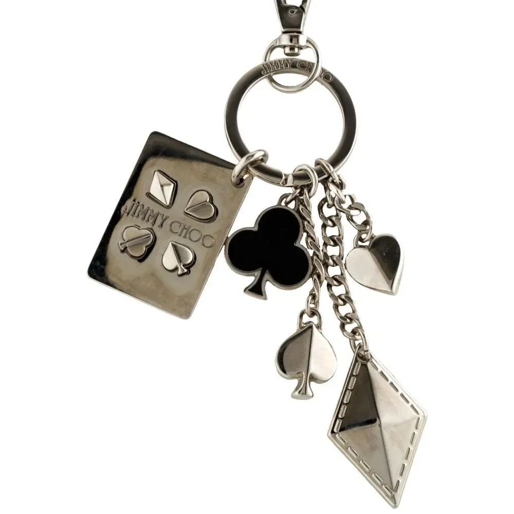 NWOT Jimmy Choo Key Chain Bag Charm Silver Queen Of Hearts Poker Themed